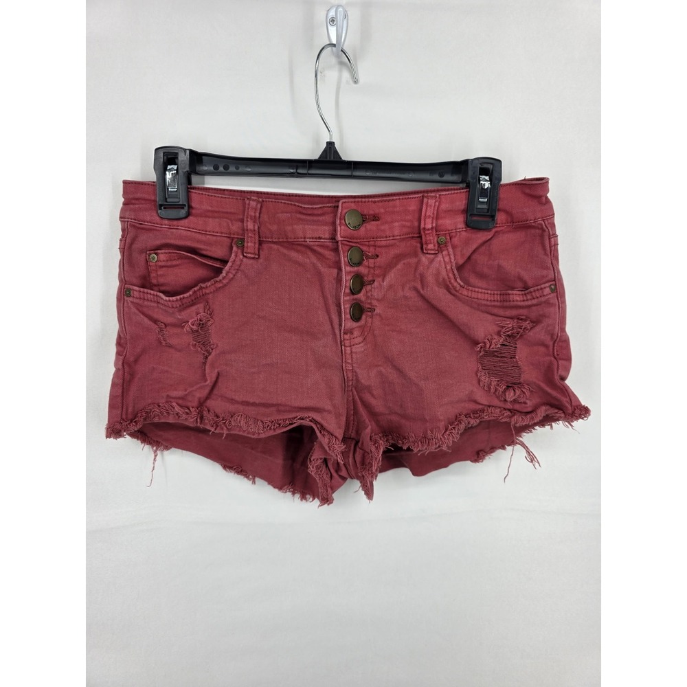 Billabong Womens Distressed Button Fly Cut Off Denim Shorts Red Size 27